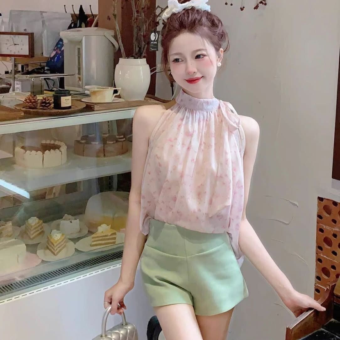 원본 쉬폰 원단 있음 네리 셔츠 프랑스식 레트로 품격 달콤한 매운맛 오프숄더 바다 측면 민소매 가짜 맨위 이미지 5
