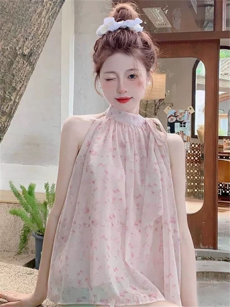 원본 쉬폰 원단 있음 네리 셔츠 프랑스식 레트로 품격 달콤한 매운맛 오프숄더 바다 측면 민소매 가짜 맨위 상세 이미지 3
