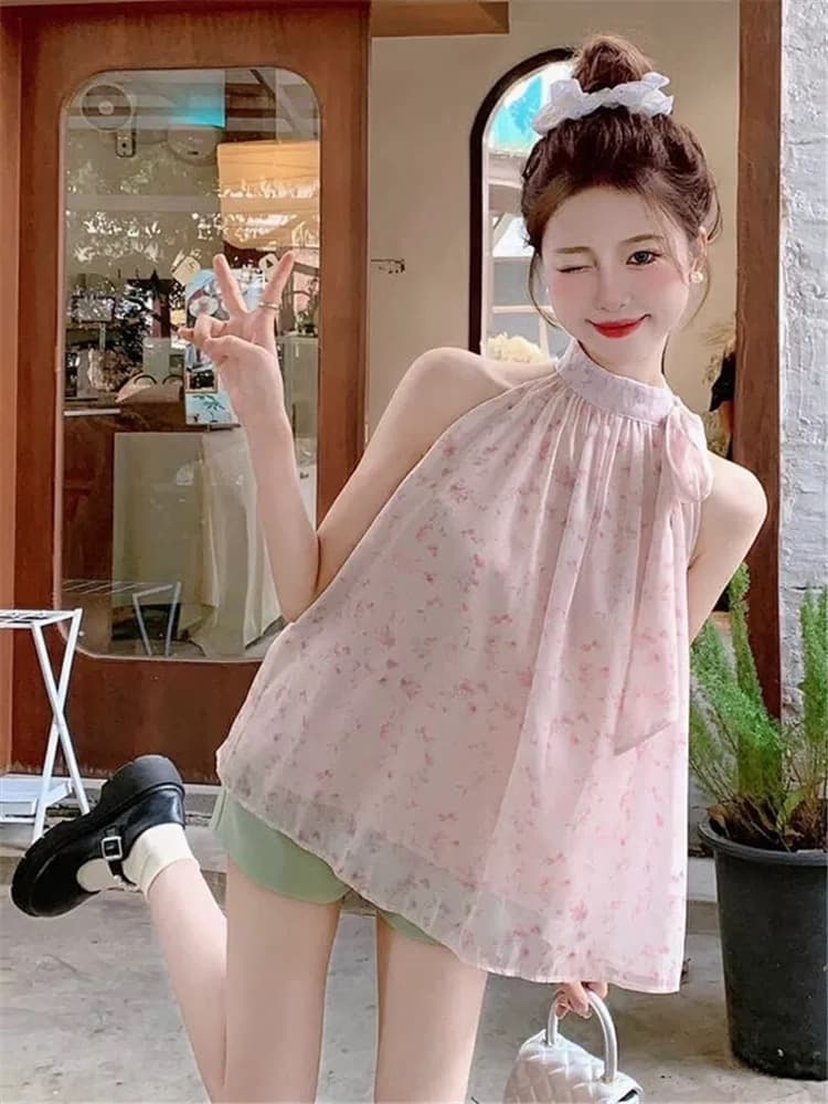 원본 쉬폰 원단 있음 네리 셔츠 프랑스식 레트로 품격 달콤한 매운맛 오프숄더 바다 측면 민소매 가짜 맨위 상세 이미지 4