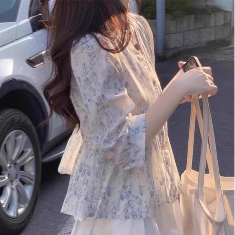 새로운 프랑스식 꽃무늬 인형 셔츠 7부 소매 쉬폰 셔츠 디자인 센스 작은 대중 루즈핏 슬림해 보이는 맨위 여성 상세 이미지 4