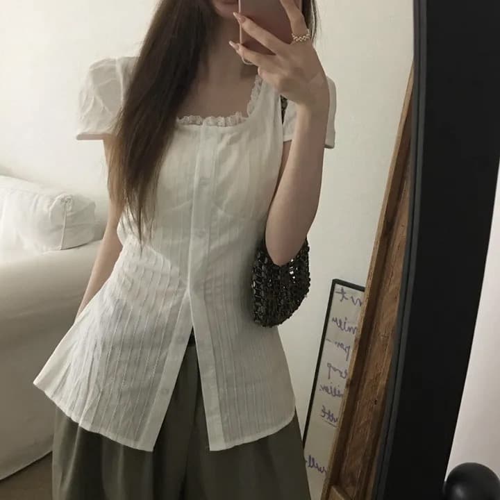 있음 선적 chic 패션 광장 칼라 레이스 패치워크 셔츠 상세 이미지 1