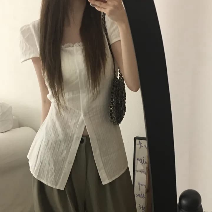 있음 선적 chic 패션 광장 칼라 레이스 패치워크 셔츠 상세 이미지 4