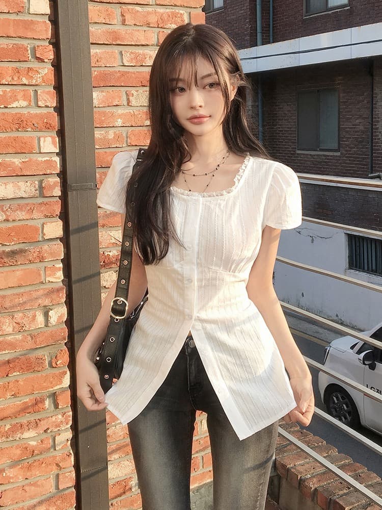 있음 선적 chic 패션 광장 칼라 레이스 패치워크 셔츠 상세 이미지 9