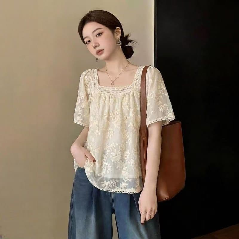 한국 chic 한국 스타일 아름다운 자수 구멍 쉬폰 레이스 패치워크 광장 칼라 반팔 셔츠 이미지 4