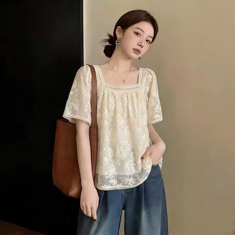 한국 chic 한국 스타일 아름다운 자수 구멍 쉬폰 레이스 패치워크 광장 칼라 반팔 셔츠 상세 이미지 4