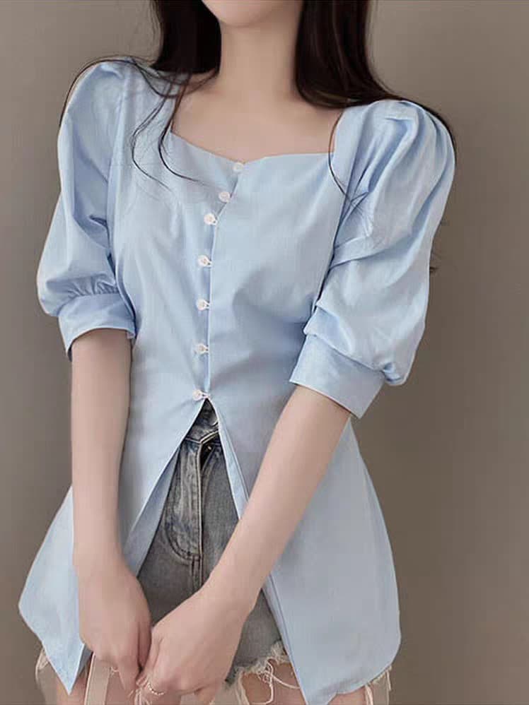 파란색 거품 소매 여성 셔츠 한국 chic 패션 광장 칼라 디자인 밑단 트임 셔츠 여름 신선함 맨위