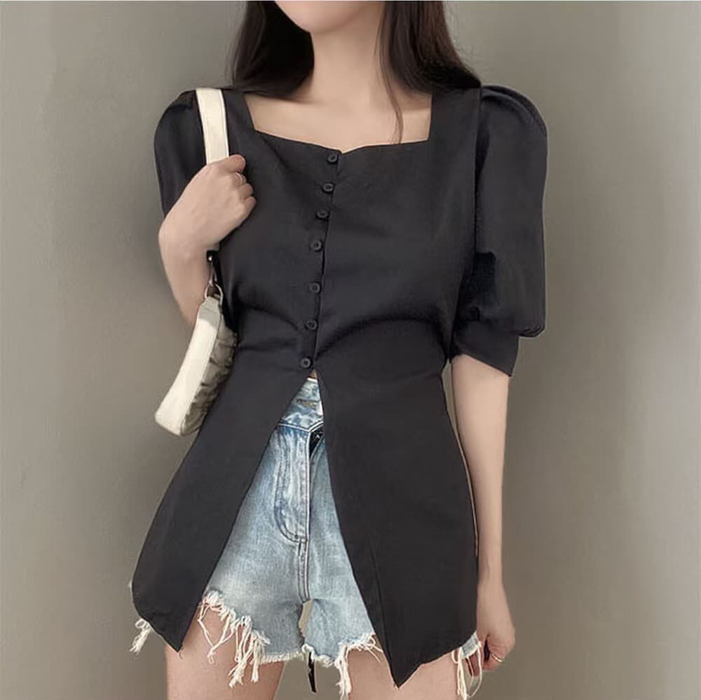 파란색 거품 소매 여성 셔츠 한국 chic 패션 광장 칼라 디자인 밑단 트임 셔츠 여름 신선함 맨위 상세 이미지 1