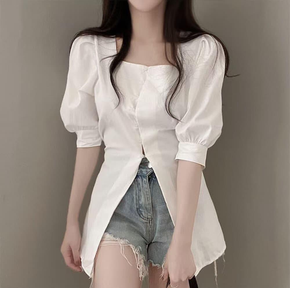 파란색 거품 소매 여성 셔츠 한국 chic 패션 광장 칼라 디자인 밑단 트임 셔츠 여름 신선함 맨위 상세 이미지 5