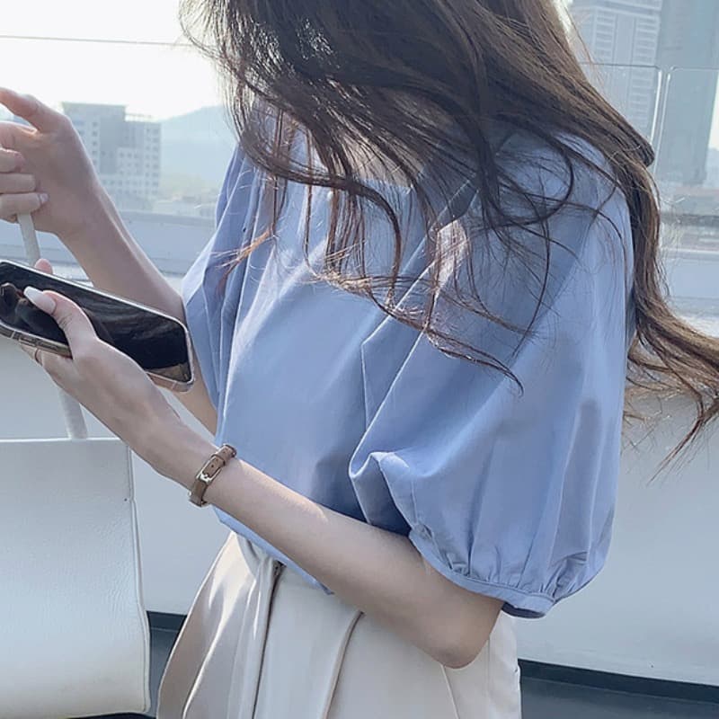 프랑스식 광장 칼라 거품 소매 맨위 여성 한 바람 chic Chic 여름 얇은 스타일 디자인 센스 작은 대중 반팔 여성 셔츠 이미지 4