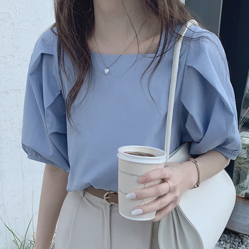 프랑스식 광장 칼라 거품 소매 맨위 여성 한 바람 chic Chic 여름 얇은 스타일 디자인 센스 작은 대중 반팔 여성 셔츠 상세 이미지 1