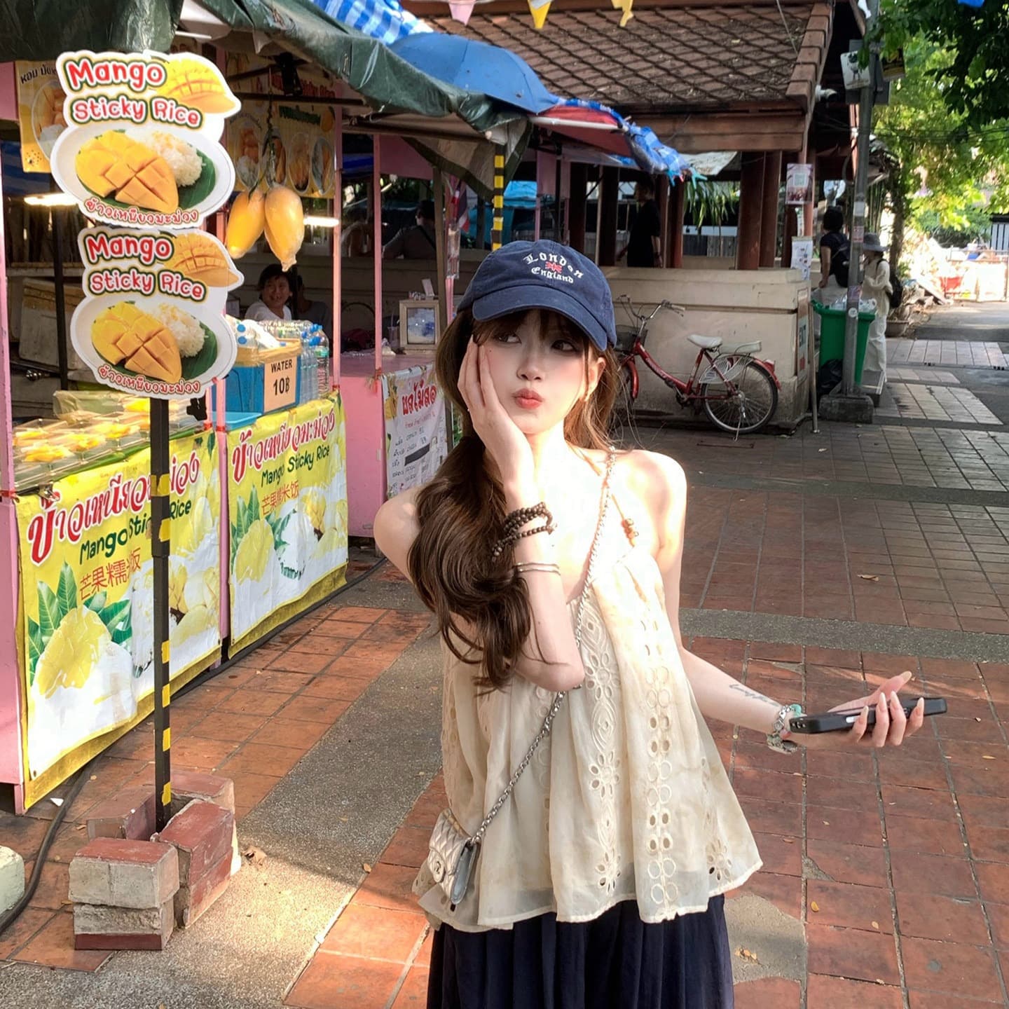 휴가 바람 홀로우 아웃 자수 비즈 캐미솔 여름 부드러운 살구 색상 민소매 오프숄더 달콤한 매운맛 바람 작은 맨위 상세 이미지 3
