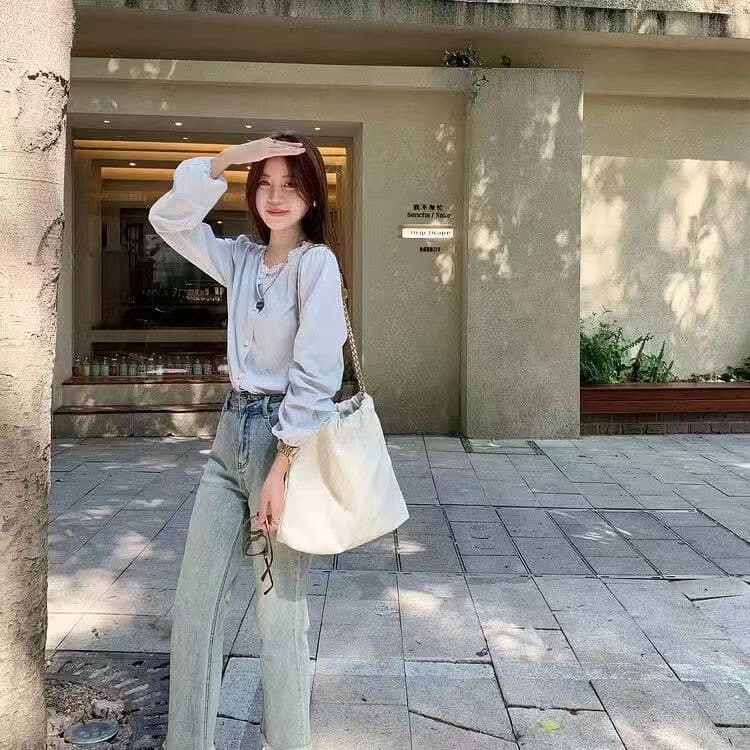 파란색 핀 스트라이프 여성 셔츠 한국 스타일 봄 새로운 긴팔 프랑스식 레이스 라운드 넥 수직 기사 슬림해 보이는 패션 맨위 이미지 4