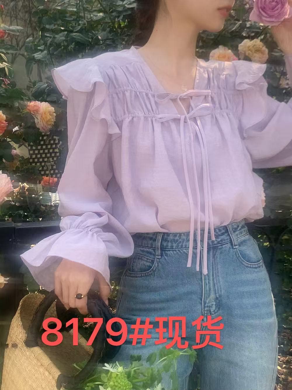 한 부서 chic 고급 센스 프릴 레이스업 나팔 소매 여성 셔츠 매우 요정 ~ 중 우유 부서 부드러운 보라색 Chic 맨위