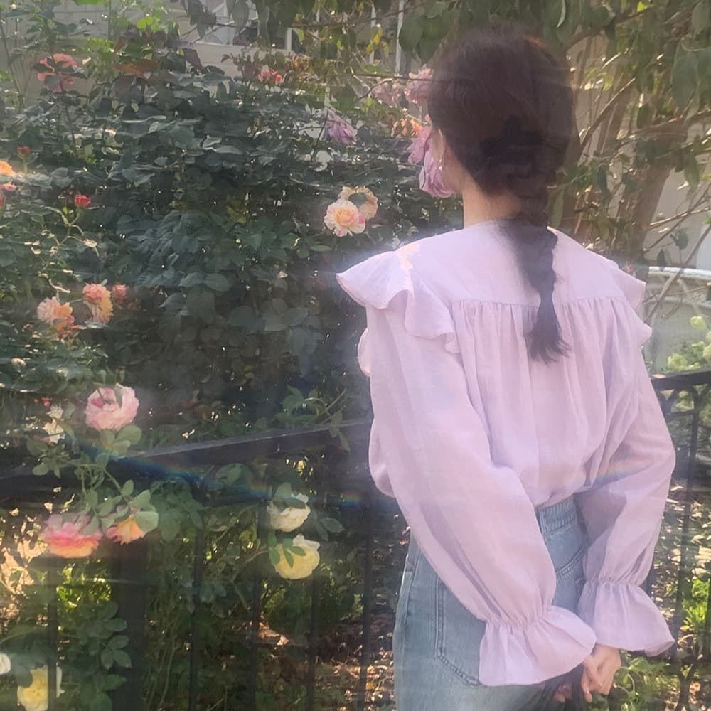 한 부서 chic 고급 센스 프릴 레이스업 나팔 소매 여성 셔츠 매우 요정 ~ 중 우유 부서 부드러운 보라색 Chic 맨위 이미지 5