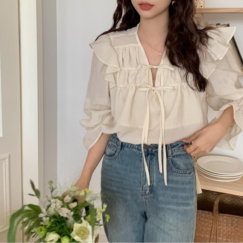 한 부서 chic 고급 센스 프릴 레이스업 나팔 소매 여성 셔츠 매우 요정 ~ 중 우유 부서 부드러운 보라색 Chic 맨위 이미지 3