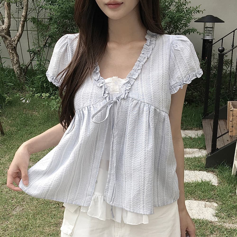 목이버섯 레이스 디자인 센스 V넥 페이크 레이어드 여성 셔츠 여름 신선함 루즈핏 슬림해 보이는 반팔 셔츠 맨위 서비스 상세 이미지 1