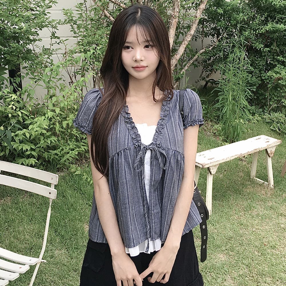 목이버섯 레이스 디자인 센스 V넥 페이크 레이어드 여성 셔츠 여름 신선함 루즈핏 슬림해 보이는 반팔 셔츠 맨위 서비스 상세 이미지 5