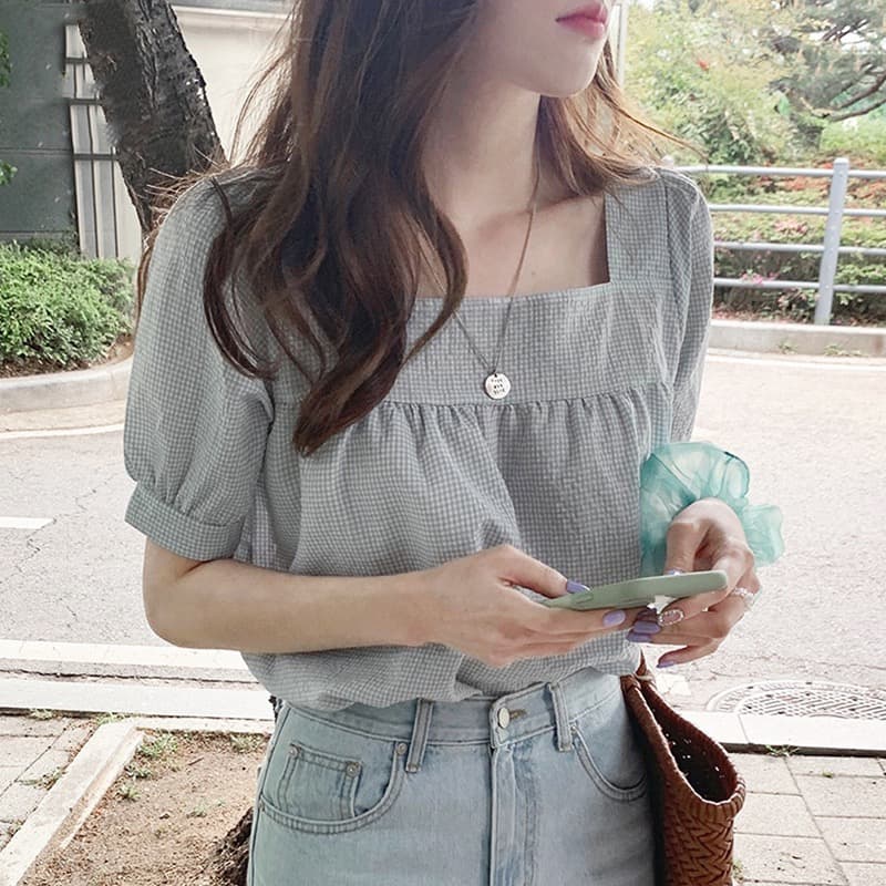 광장 칼라 반팔 셔츠 여름 새로운 일본식 달콤함 연령 감소 작은 청신 다용도 작은 격자 쇄골 심장 기계 이미지 3