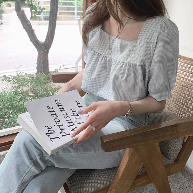 광장 칼라 반팔 셔츠 여름 새로운 일본식 달콤함 연령 감소 작은 청신 다용도 작은 격자 쇄골 심장 기계 이미지 5