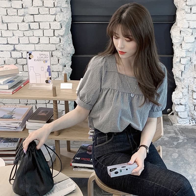 광장 칼라 반팔 셔츠 여름 새로운 일본식 달콤함 연령 감소 작은 청신 다용도 작은 격자 쇄골 심장 기계 상세 이미지 2