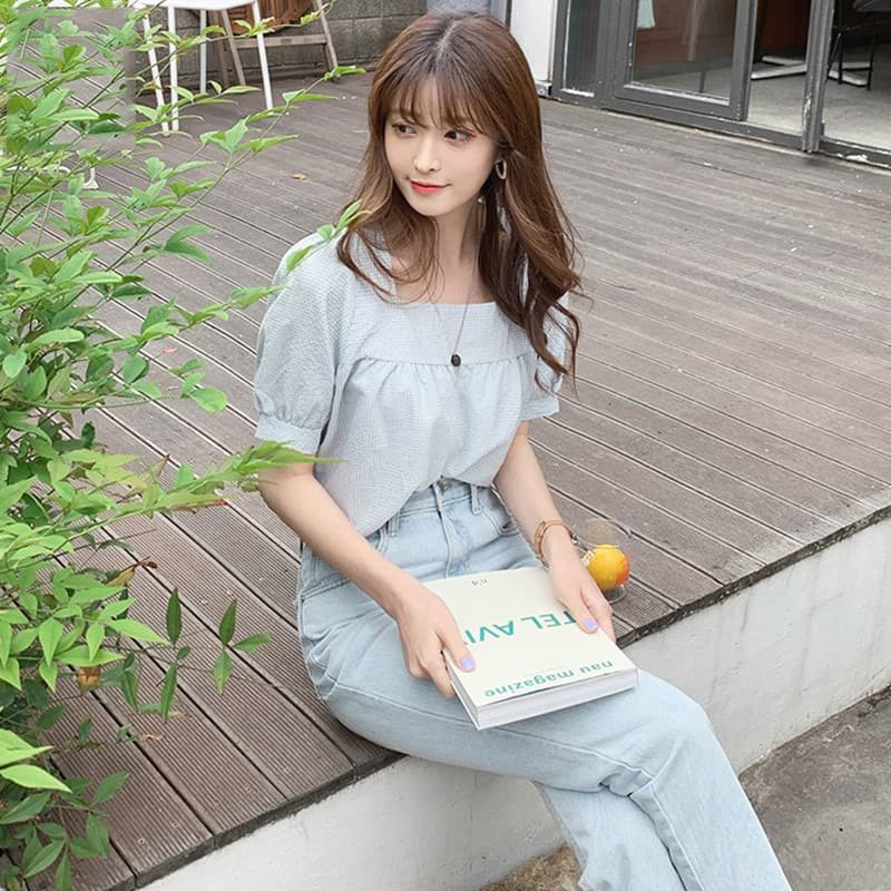광장 칼라 반팔 셔츠 여름 새로운 일본식 달콤함 연령 감소 작은 청신 다용도 작은 격자 쇄골 심장 기계 상세 이미지 3