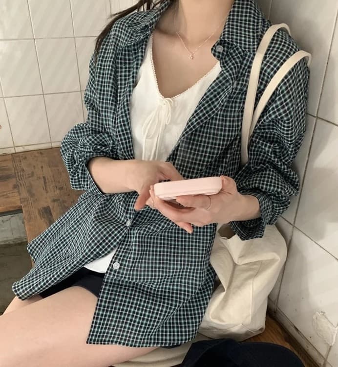 한국 ins 달콤함 소녀 얇은 스타일 자외선 차단 루즈핏 체크무늬 긴팔 셔츠 이미지 2