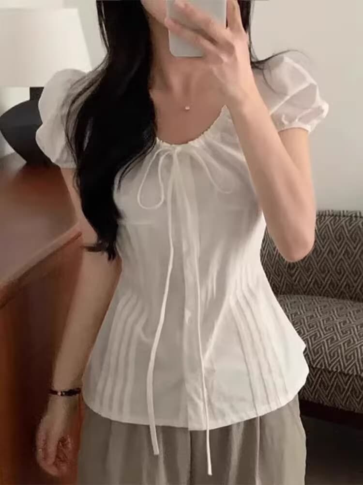 재고 있음 chic 한국 스타일 패션 레이스업 다용도 셔츠 라운드 넥 펌프 로프 허리 수축 품격 셔츠
