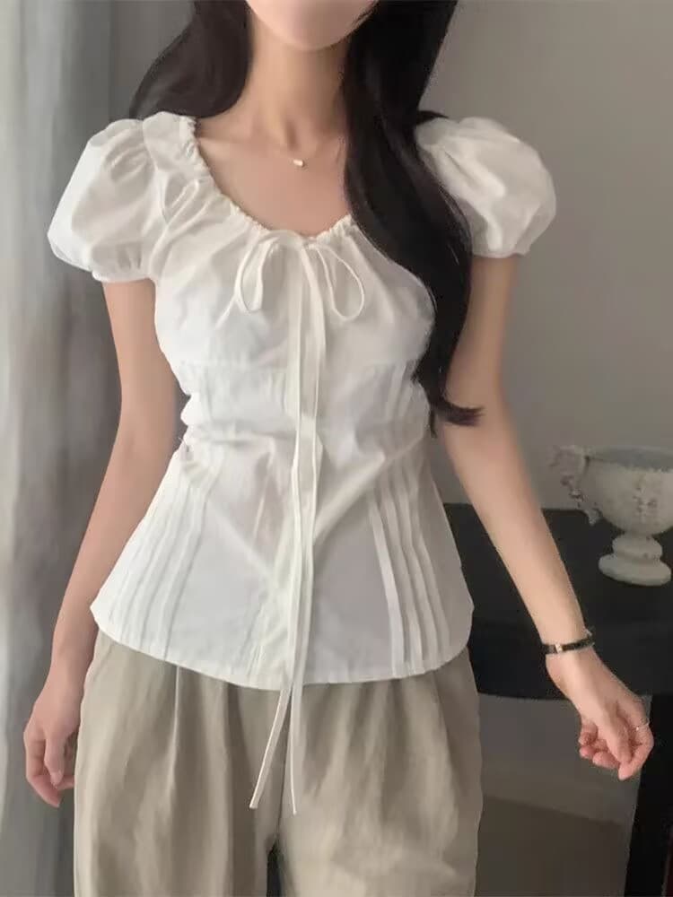재고 있음 chic 한국 스타일 패션 레이스업 다용도 셔츠 라운드 넥 펌프 로프 허리 수축 품격 셔츠 상세 이미지 1