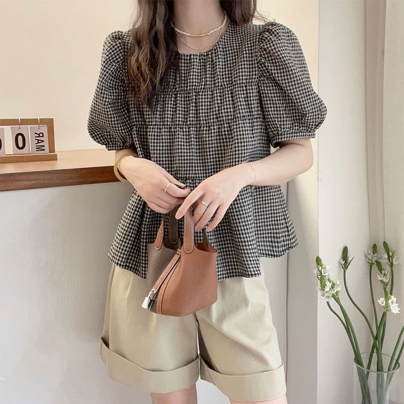 프랑스식 수천 마리 체크무늬 반팔 여성 셔츠 2026 여름 새로운 지방 mm 슬림해 보이는 표지 배 인형 셔츠 맨위 이미지 2