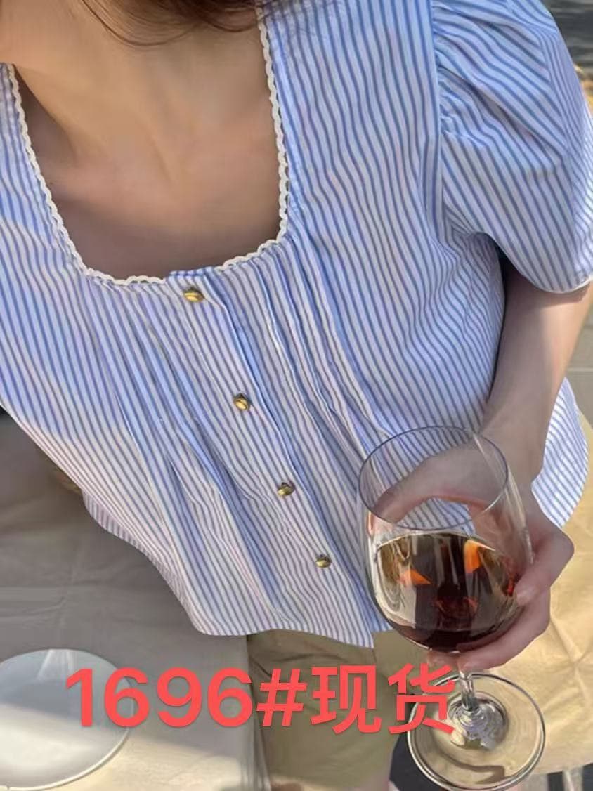 ps 레트로 파란색 스트라이프 반팔 여성 셔츠 여름 패션 다용도 슬림해 보이는 레이스 광장 칼라 디자인 센스 셔츠 트렌디