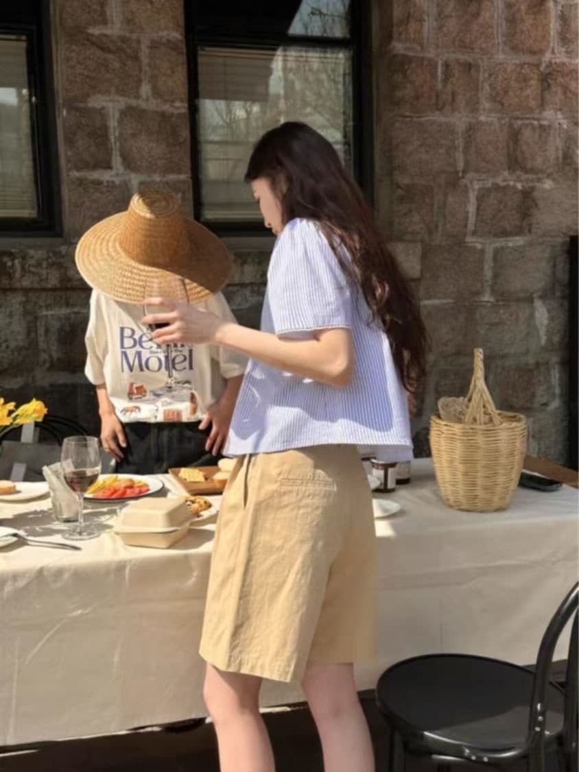 ps 레트로 파란색 스트라이프 반팔 여성 셔츠 여름 패션 다용도 슬림해 보이는 레이스 광장 칼라 디자인 센스 셔츠 트렌디 이미지 3