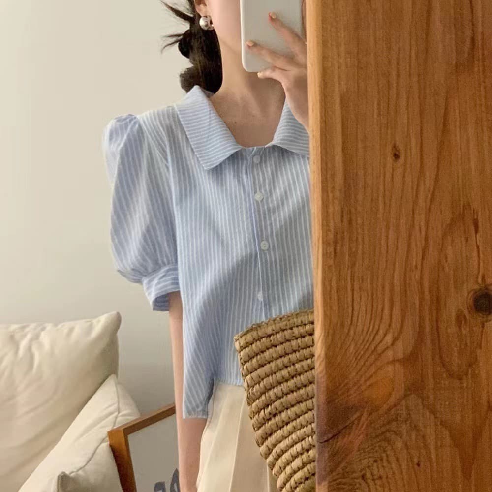 한국 ins 베이비 칼라 싱글 줄 버튼 체크무늬 반팔 셔츠 이미지 2