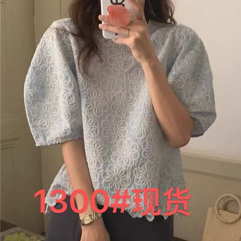 한 바람 chic 거품 소매 맨위 여성 새로운 디자인 센스 작은 대중 Chic 무거운 작업 자수 꽃 루즈핏