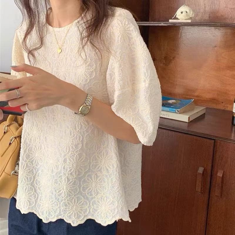 한 바람 chic 거품 소매 맨위 여성 새로운 디자인 센스 작은 대중 Chic 무거운 작업 자수 꽃 루즈핏 이미지 4