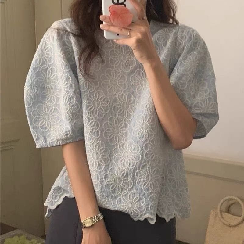한 바람 chic 거품 소매 맨위 여성 새로운 디자인 센스 작은 대중 Chic 무거운 작업 자수 꽃 루즈핏 상세 이미지 1