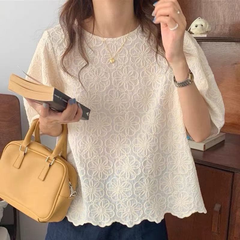 한 바람 chic 거품 소매 맨위 여성 새로운 디자인 센스 작은 대중 Chic 무거운 작업 자수 꽃 루즈핏 상세 이미지 2