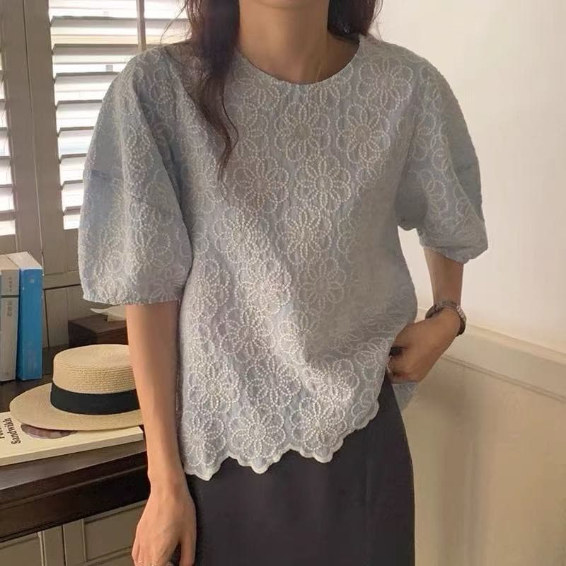 한 바람 chic 거품 소매 맨위 여성 새로운 디자인 센스 작은 대중 Chic 무거운 작업 자수 꽃 루즈핏 상세 이미지 3