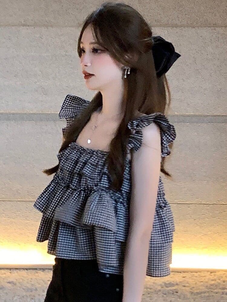Feifei 소매 체크무늬 프랑스식 여성 셔츠 여름 디자인 센스 작은 대중 백리스 케이크 맨위 작은 키 쇼트 스타일 셔츠 이미지 2