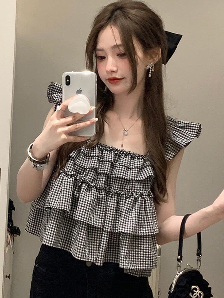 Feifei 소매 체크무늬 프랑스식 여성 셔츠 여름 디자인 센스 작은 대중 백리스 케이크 맨위 작은 키 쇼트 스타일 셔츠 이미지 3