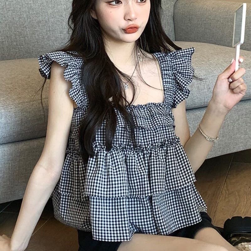 Feifei 소매 체크무늬 프랑스식 여성 셔츠 여름 디자인 센스 작은 대중 백리스 케이크 맨위 작은 키 쇼트 스타일 셔츠 이미지 5