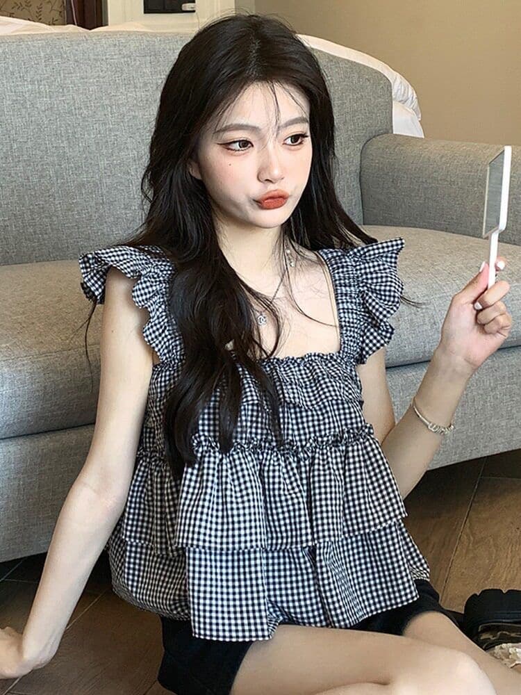 Feifei 소매 체크무늬 프랑스식 여성 셔츠 여름 디자인 센스 작은 대중 백리스 케이크 맨위 작은 키 쇼트 스타일 셔츠 상세 이미지 2