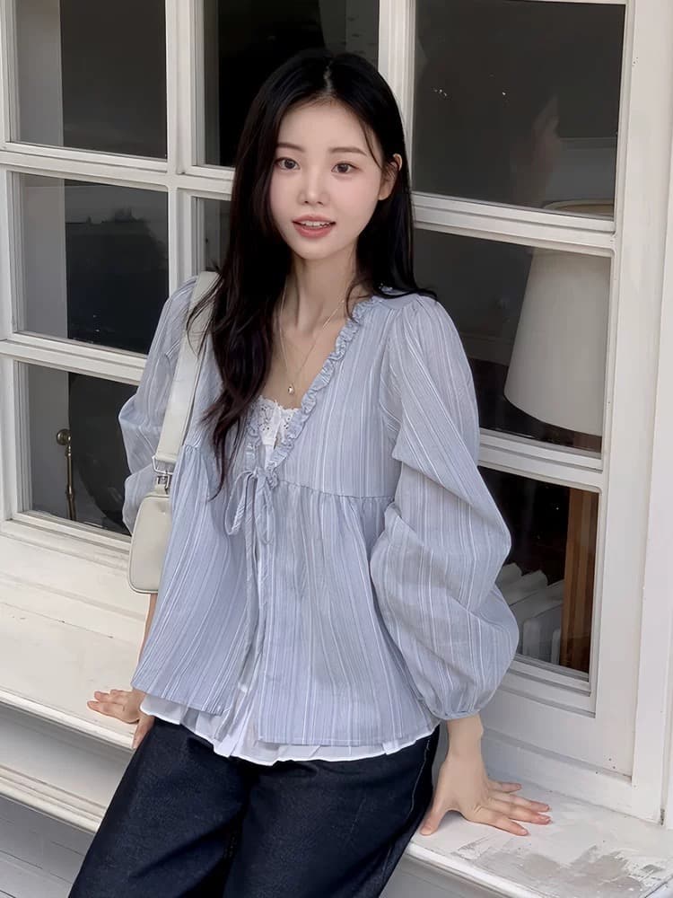 밖으로 대 물품 위로 한국 동대문 2026 새로운 스트라이프 프릴 레이스업 벌룬 소매 셔츠 이미지 2