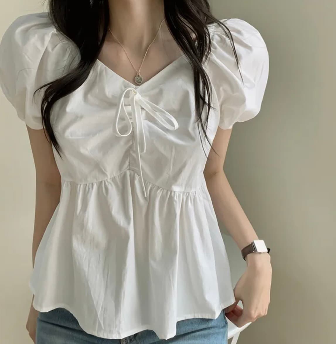 한국 스타일 V넥 반팔 셔츠 다용도 인형 셔츠 주름 레이스업 쉬폰 블라우스 맨위