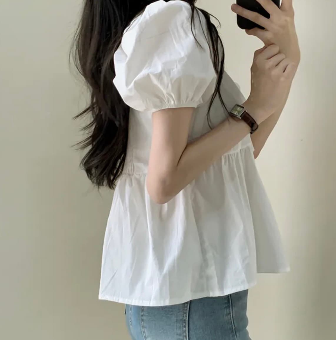 한국 스타일 V넥 반팔 셔츠 다용도 인형 셔츠 주름 레이스업 쉬폰 블라우스 맨위 이미지 3
