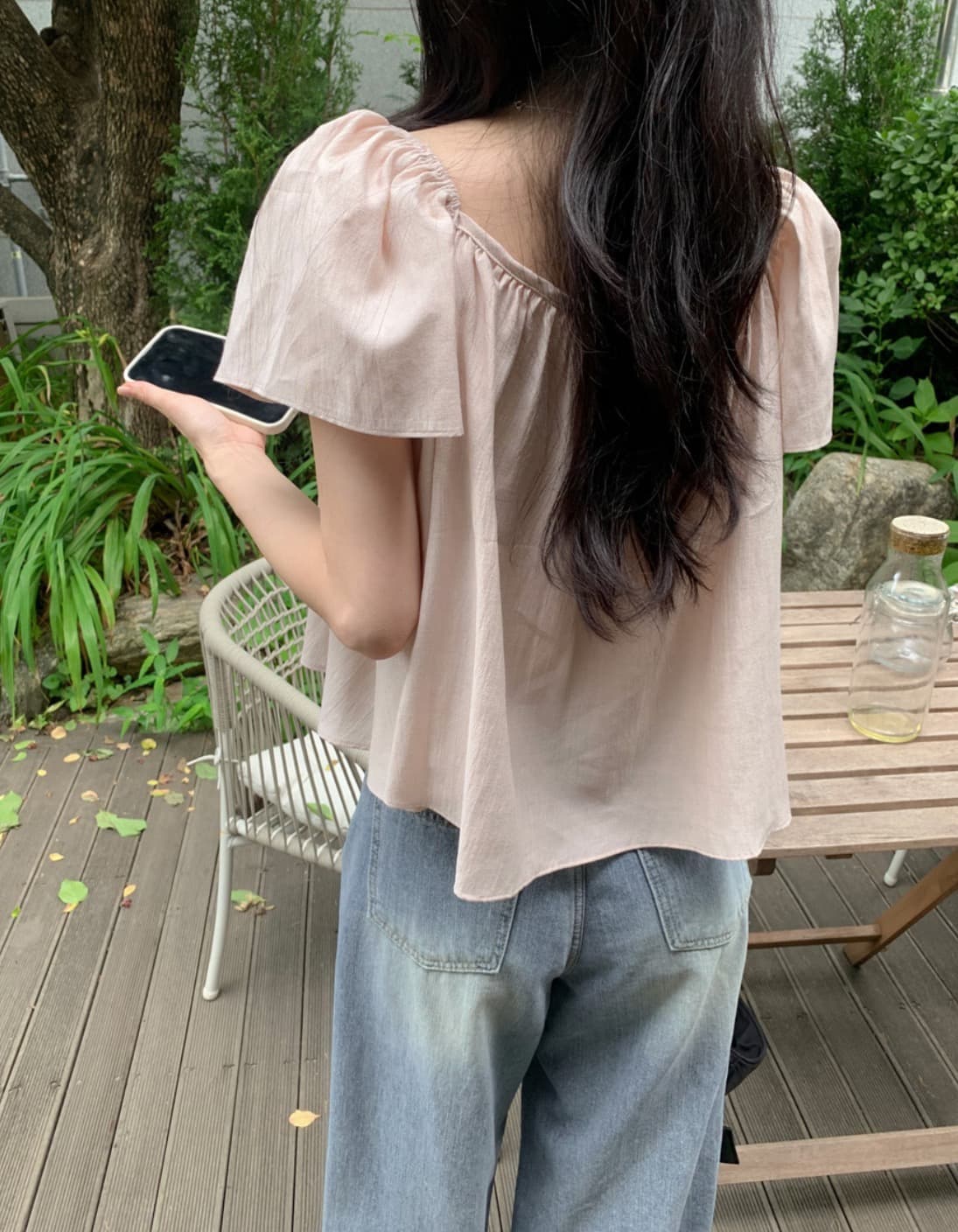 한국 chic 여름 새로운 ins 귀여운 주름 광장 칼라 품격 인형 반팔 셔츠 이미지 3