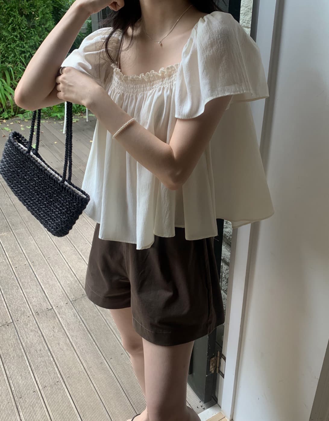 한국 chic 여름 새로운 ins 귀여운 주름 광장 칼라 품격 인형 반팔 셔츠 상세 이미지 2