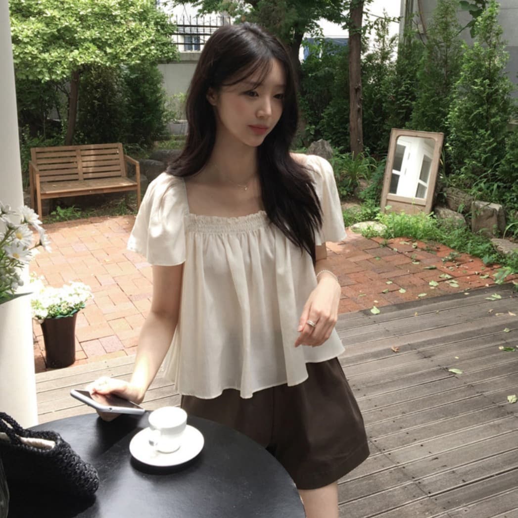 한국 chic 여름 새로운 ins 귀여운 주름 광장 칼라 품격 인형 반팔 셔츠 상세 이미지 4