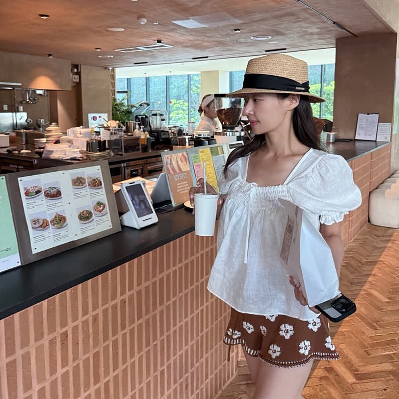 chic 한국 스타일 작은 대중 품격 거품 소매 나비 넥타이 셔츠 이미지 4