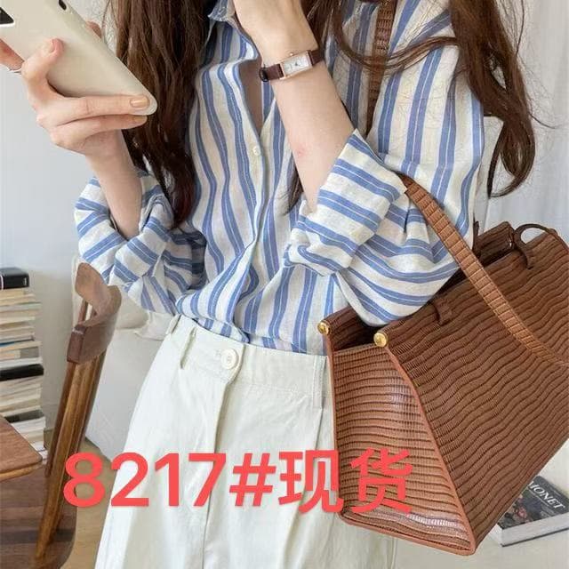 프랑스식 레트로 스트라이프 자외선 차단 여성 셔츠 봄 여름 얇은 스타일 캐주얼 디자인 센스 작은 대중 긴팔 맨위