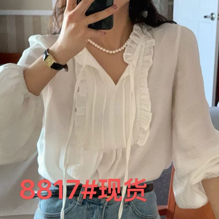 한국 chic 가을 부드러운 품격 V넥 스트랩 패치워크 프릴 디자인 거품 소매 루즈핏 단색 셔츠